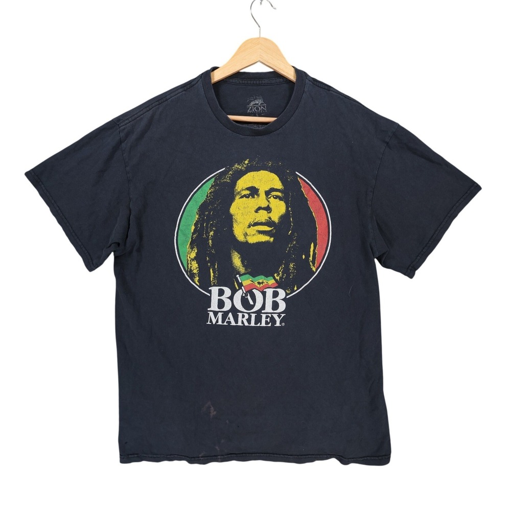 Zion Bob Marley T-Shirt Mens L Black Cotton Regular Fit Graphic Reggae Music Tee